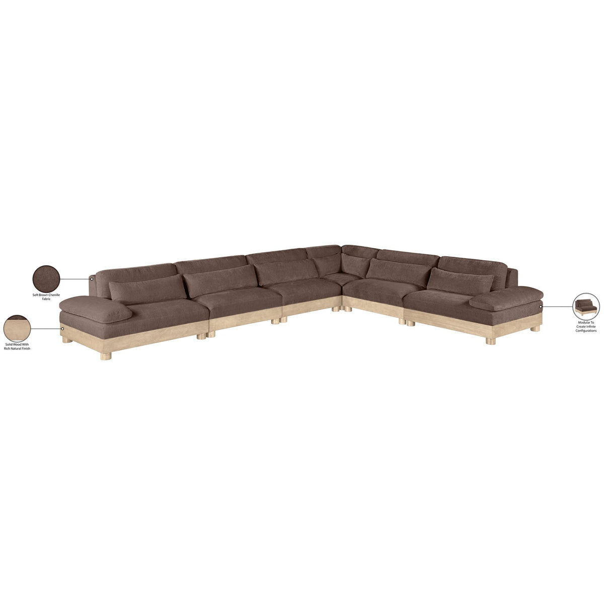 Turin 167.75in Brown Chenille Fabric Upholstered 6 Piece Modular Sectional Sofa