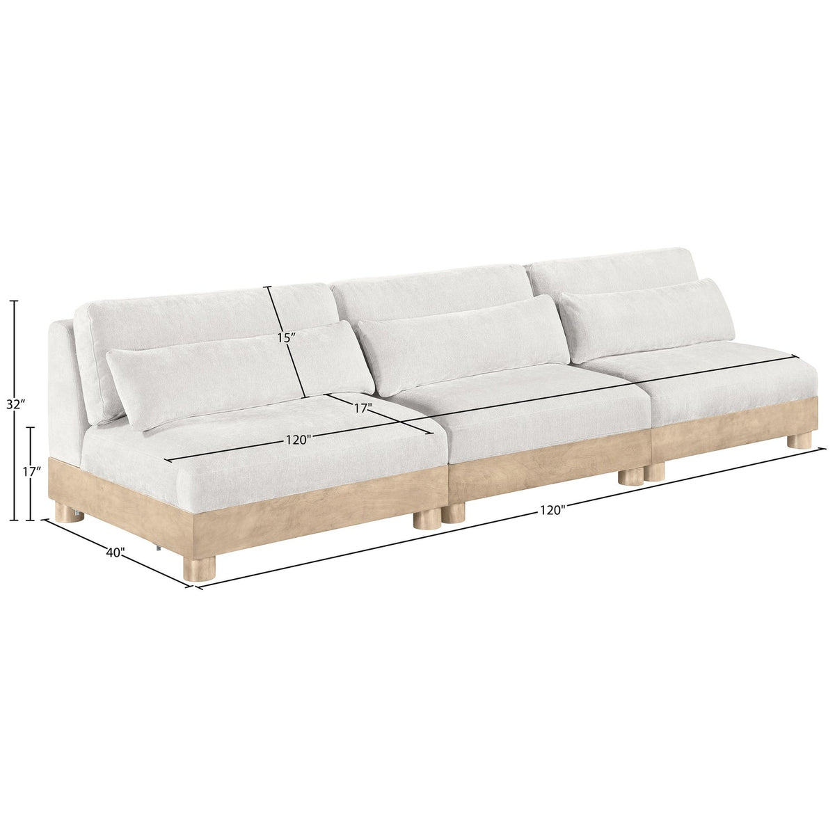 Turin 120in Cream Chenille Fabric Upholstered 3 Piece. Modular Sofa