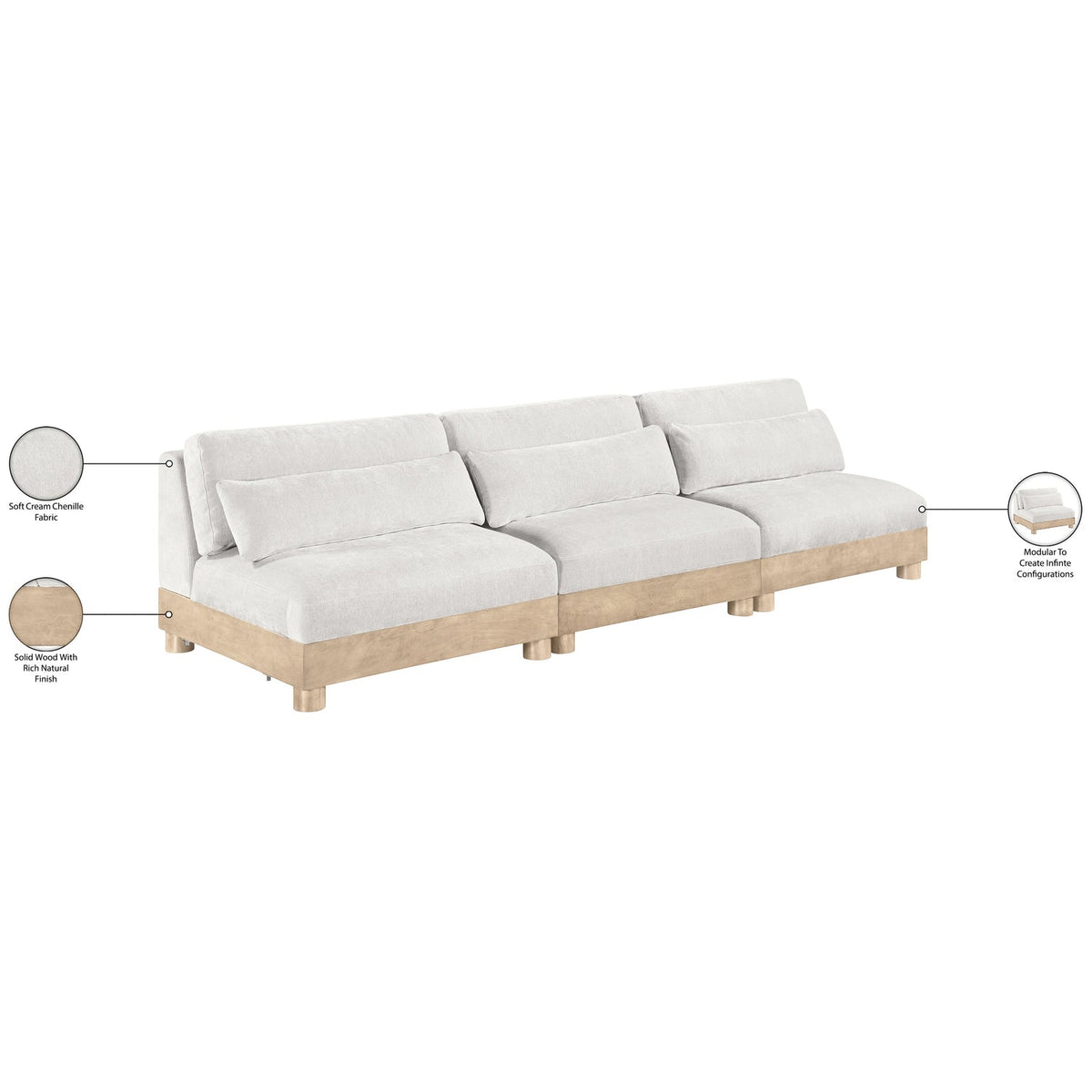Turin 120in Cream Chenille Fabric Upholstered 3 Piece. Modular Sofa