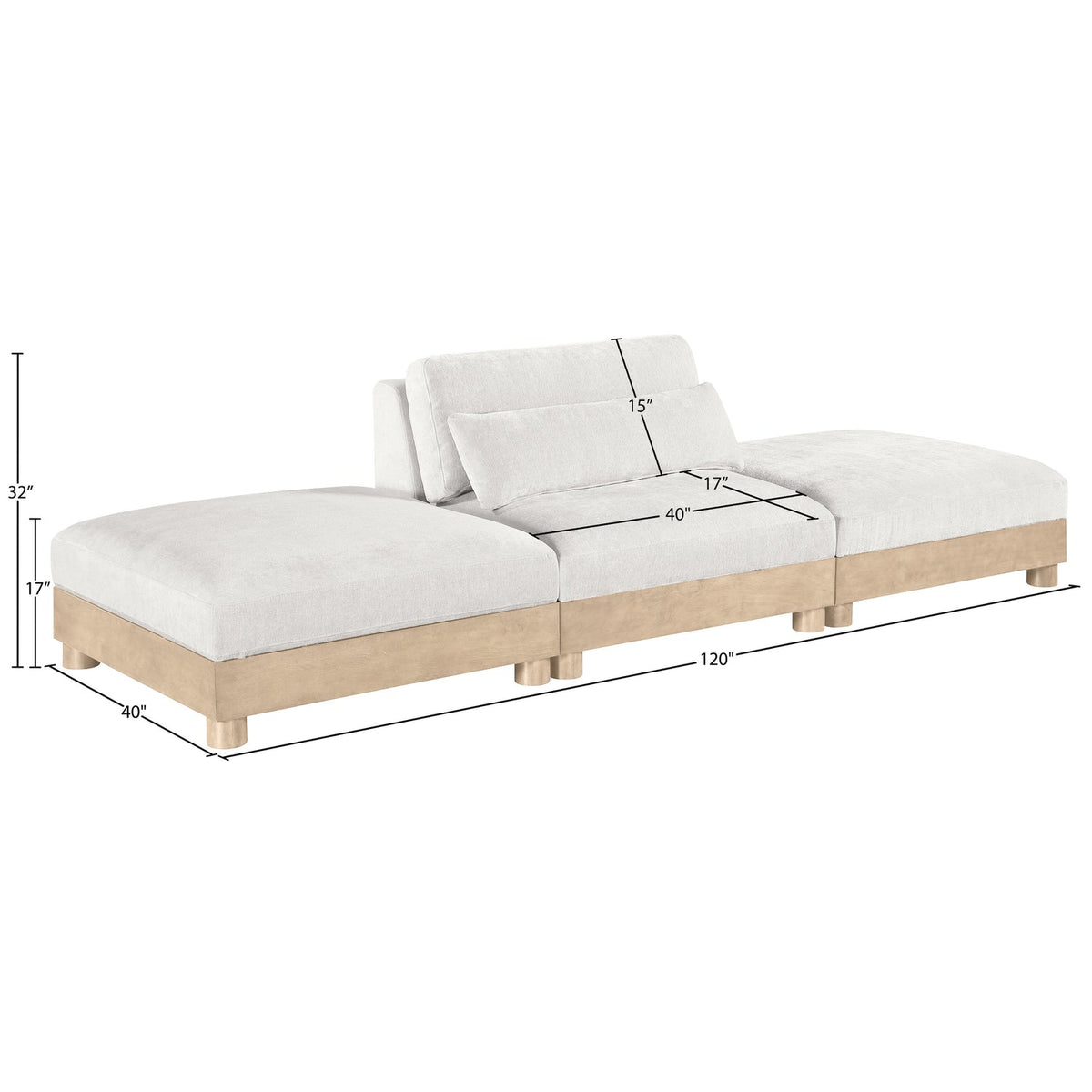 Turin 120in Cream Chenille Fabric Upholstered 3 Piece Modular Sofa