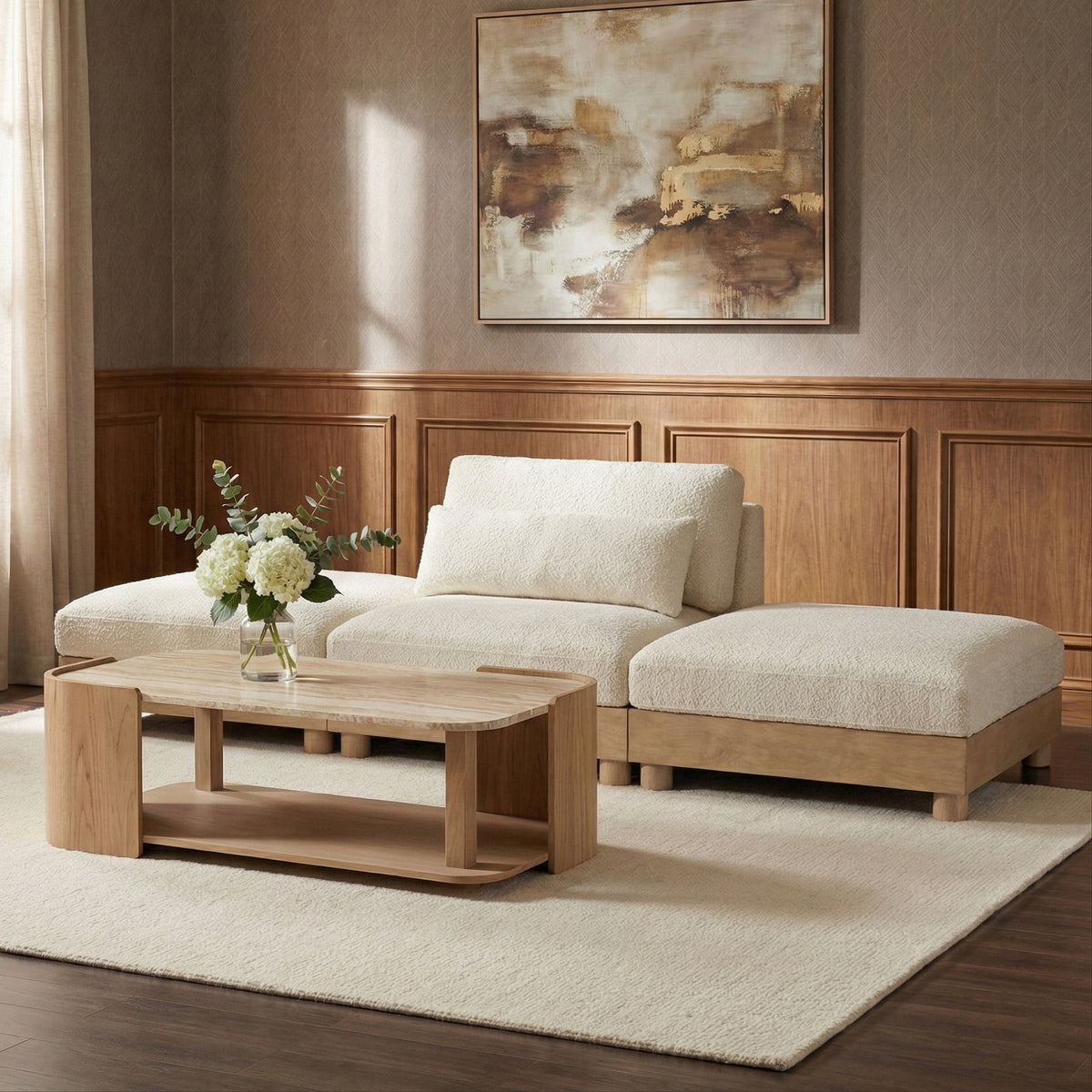Turin 120in Cream Chenille Fabric Upholstered 3 Piece Modular Sofa