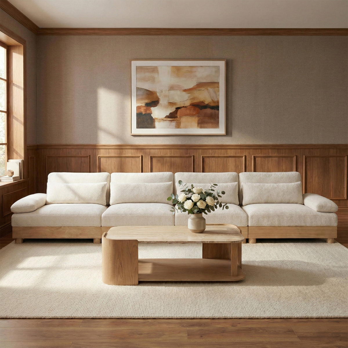 Turin 175.5in Cream Chenille Fabric Upholstered 4 Piece Modular Sofa