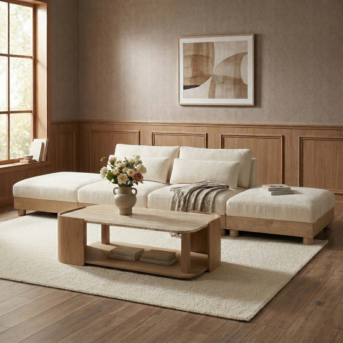 Turin 16 0in Cream Chenille Fabric Upholstered 4 Piece. Modular Sofa