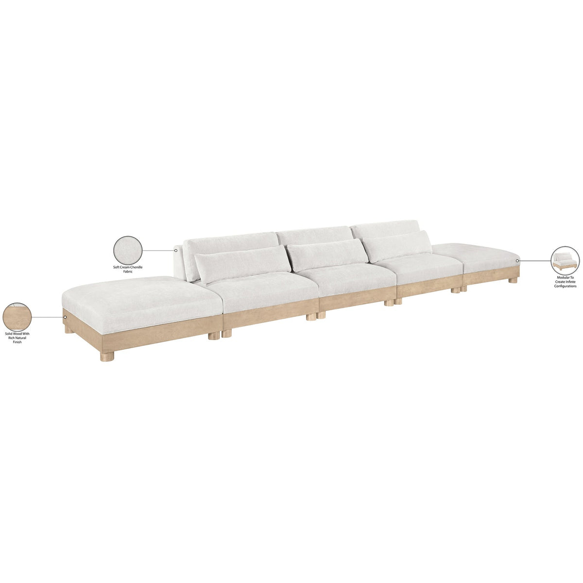 Turin 200in Cream Chenille Fabric Upholstered 5 Piece Modular Sofa