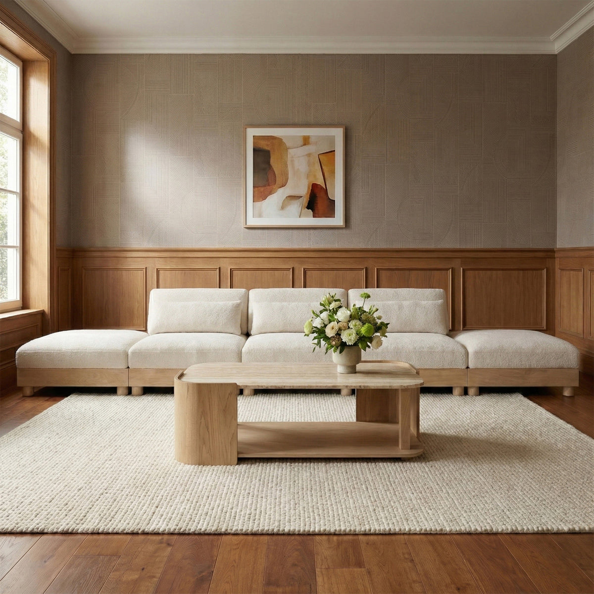 Turin 200in Cream Chenille Fabric Upholstered 5 Piece. Modular Sofa