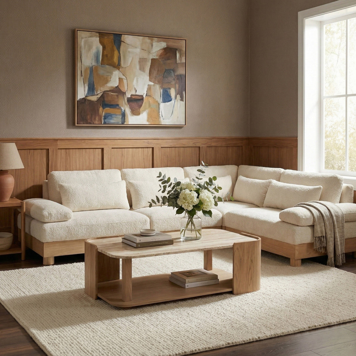 Turin 127.75in Cream Chenille Fabric Upholstered 4 Piece Modular Sectional Sofa