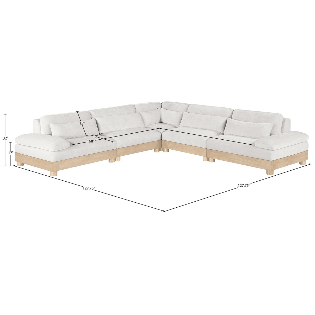 Turin 127.75in Cream Chenille Fabric Upholstered 5 Piece Modular Sectional Sofa