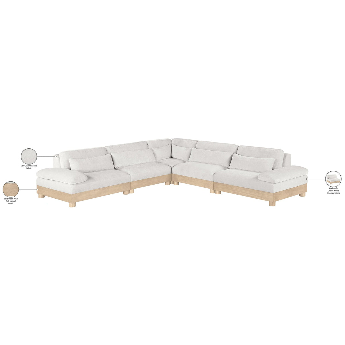Turin 127.75in Cream Chenille Fabric Upholstered 5 Piece Modular Sectional Sofa