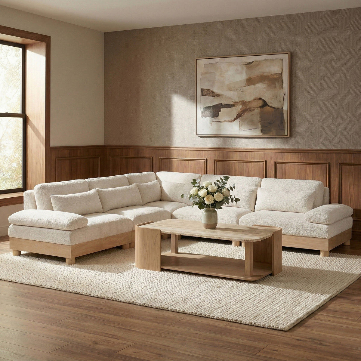 Turin 127.75in Cream Chenille Fabric Upholstered 5 Piece Modular Sectional Sofa