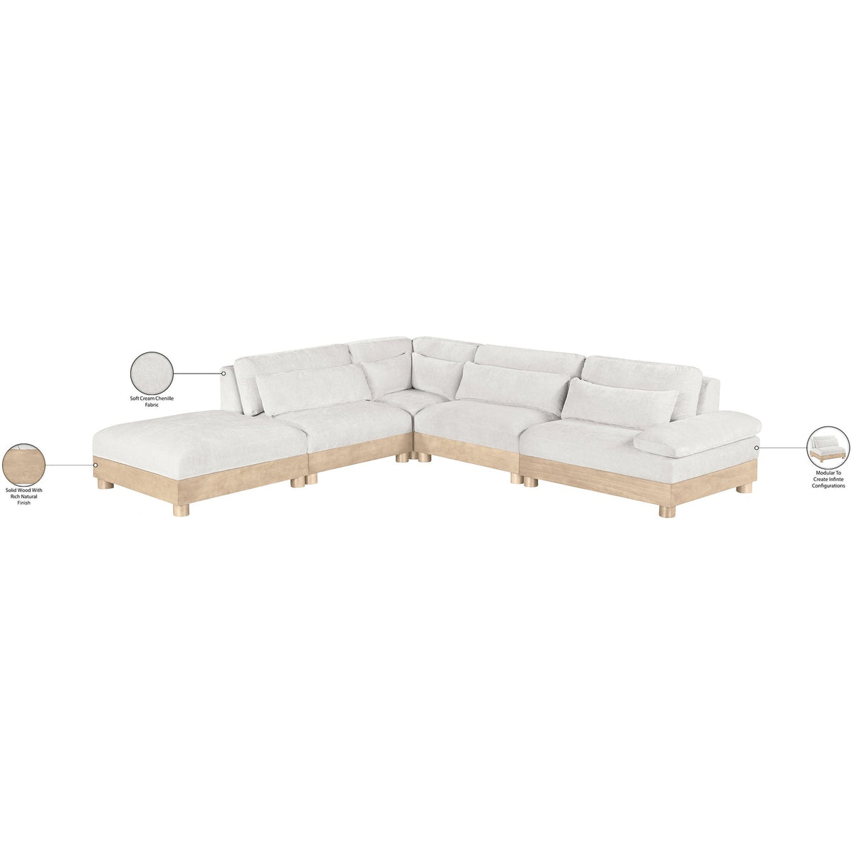 Turin 127.75in Cream Chenille Fabric Upholstered 5 Piece Modular Sectional Sofa