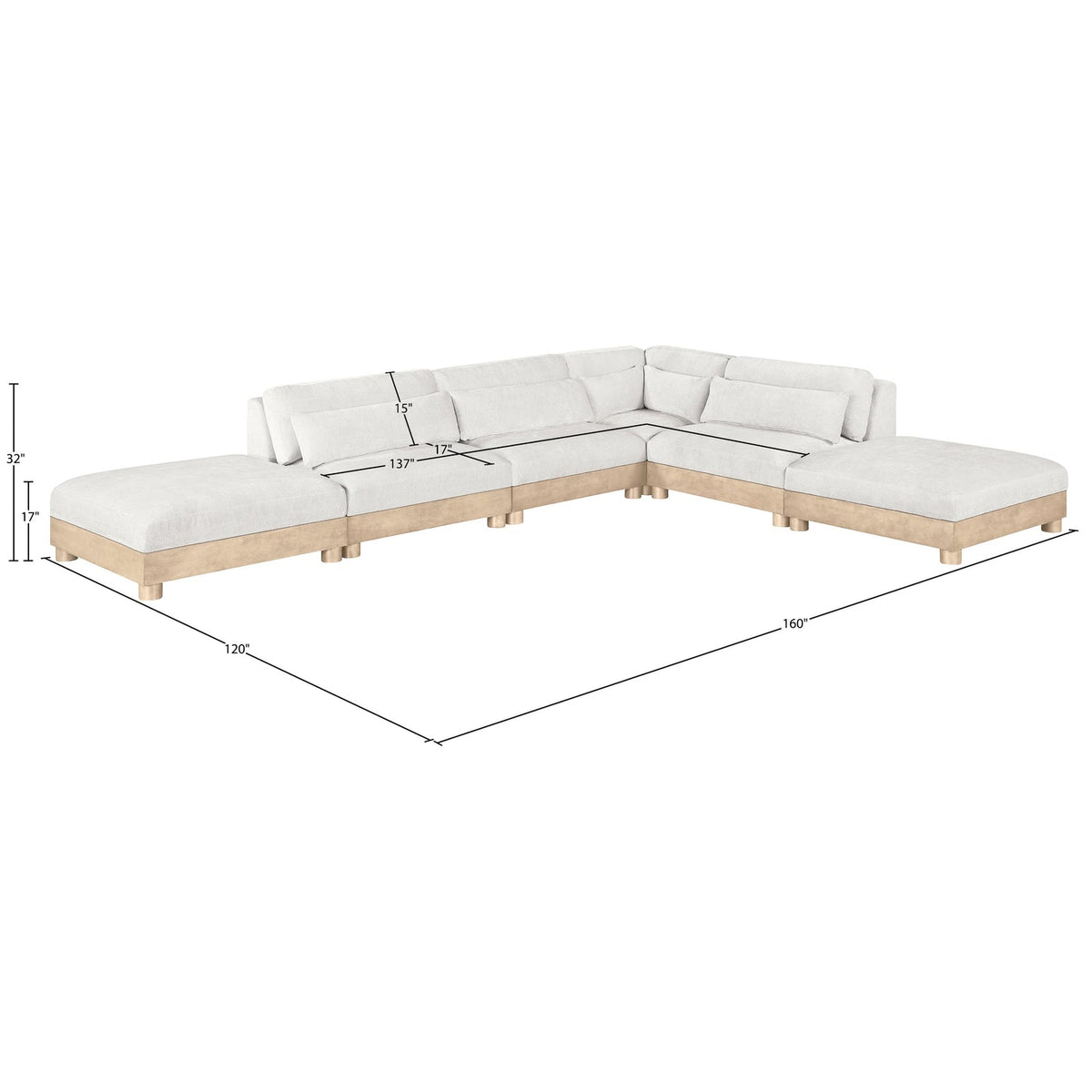 Turin 160in Cream Chenille Fabric Upholstered 6 Piece Modular Sectional Sofa