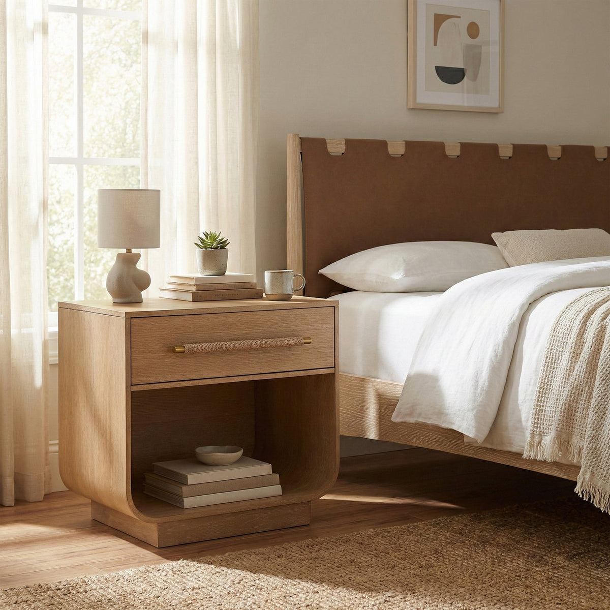 Sorell 28in Natural Rattan Handle And Solid Wood Nightstand Set of 2