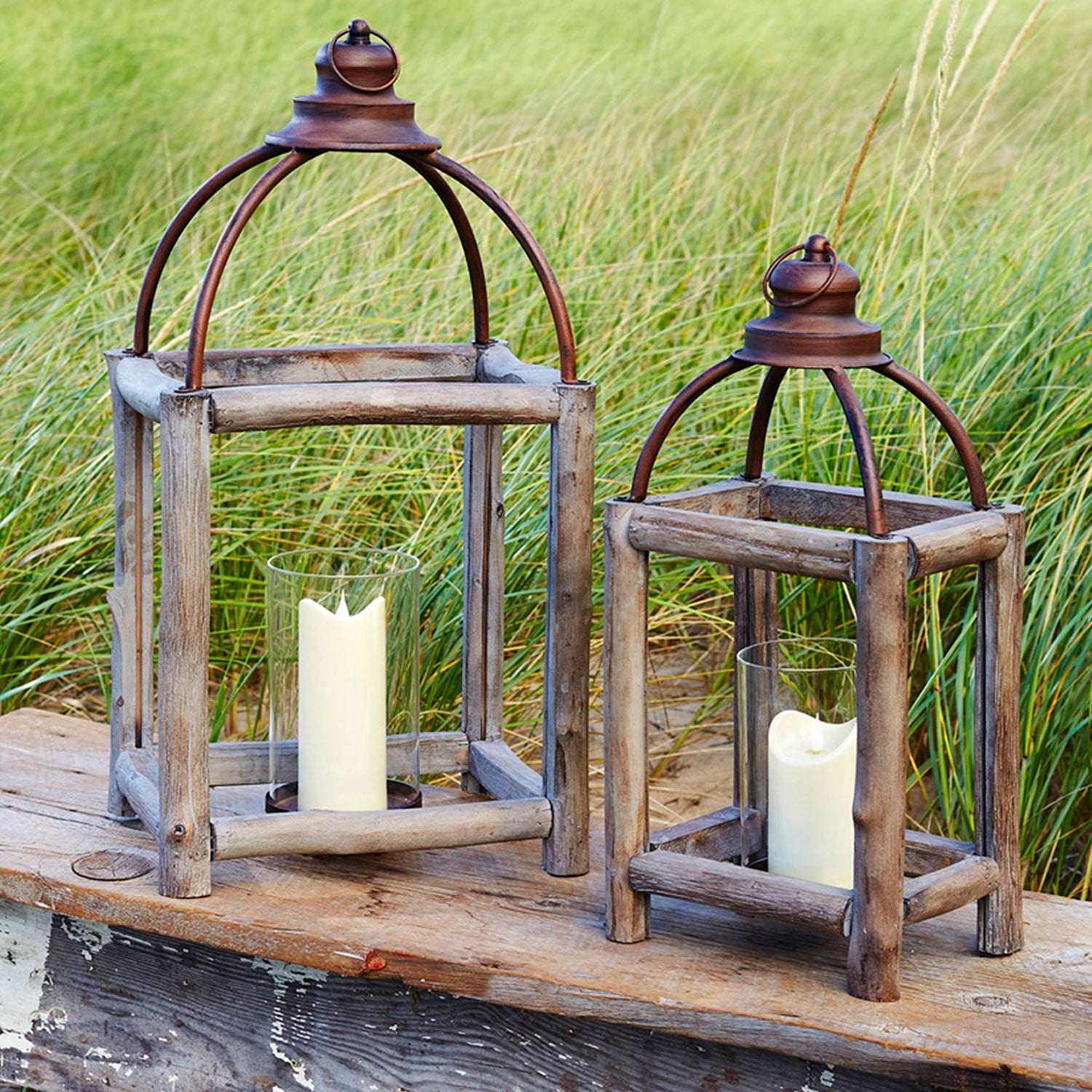 Rustic Wood Log and Antique Metal Lantern with Glass Hurricane Set of 2