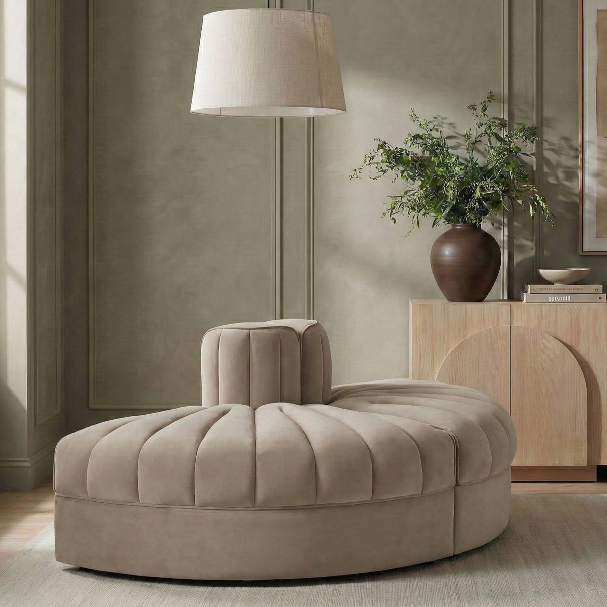 Rummi Beige Velvet Performance Fabric Upholstered 2Piece. Modular Sofa