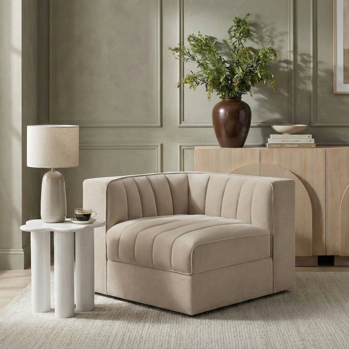 Rummi Beige Velvet Performance Fabric Upholstered Modular Chair