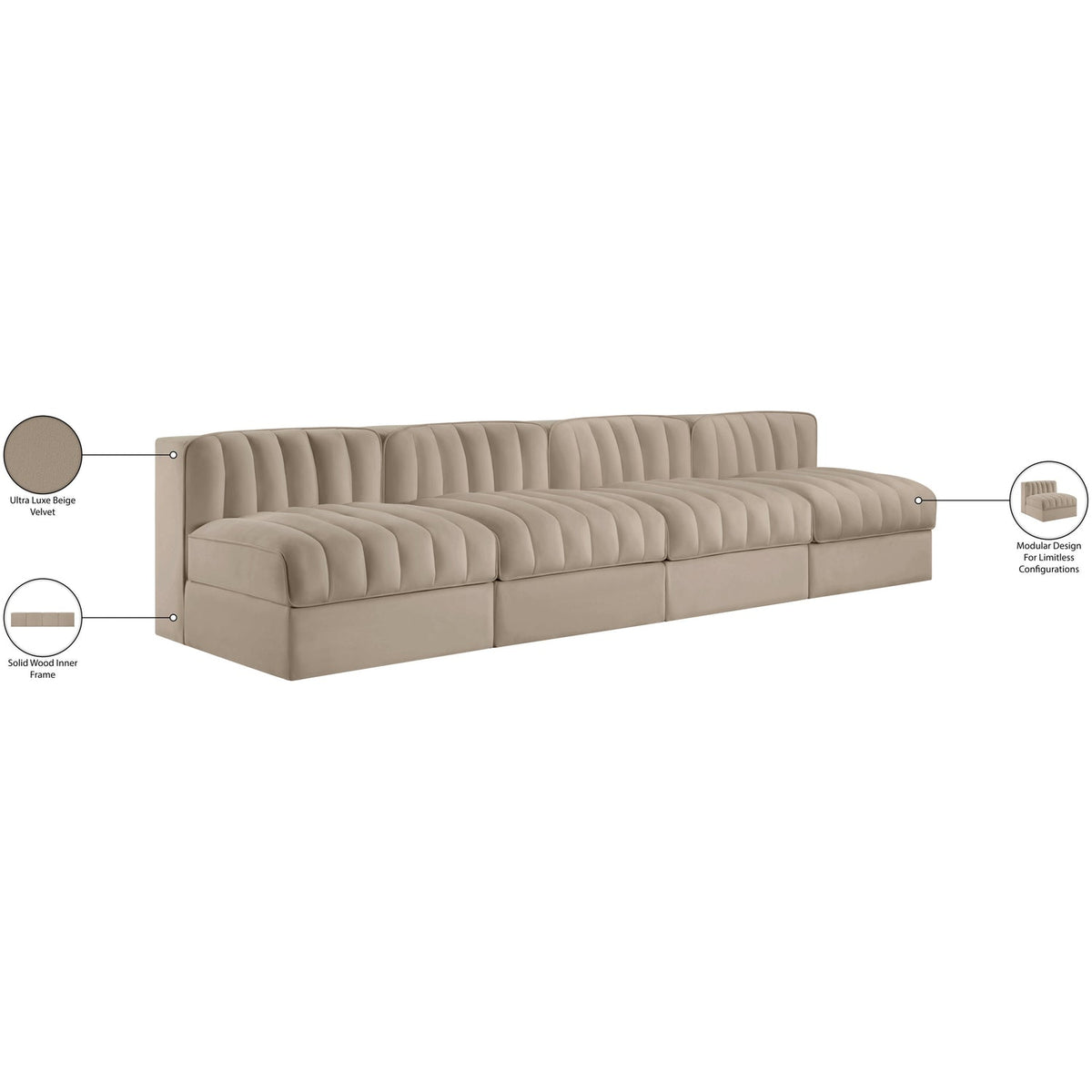 Rummi Beige Velvet Performance Fabric Upholstered 4 Piece Modular Sofa