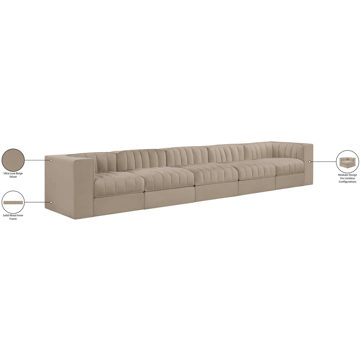 Rummi Beige Velvet Performance Fabric Upholstered 5 Piece Modular Sofa