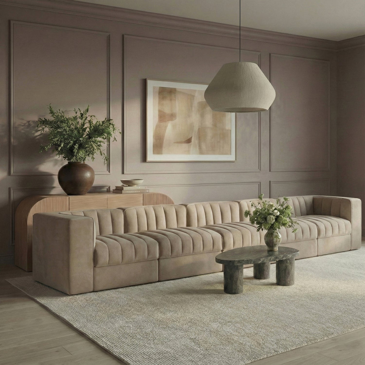 Rummi Beige Velvet Performance Fabric Upholstered 5 Piece Modular Sofa