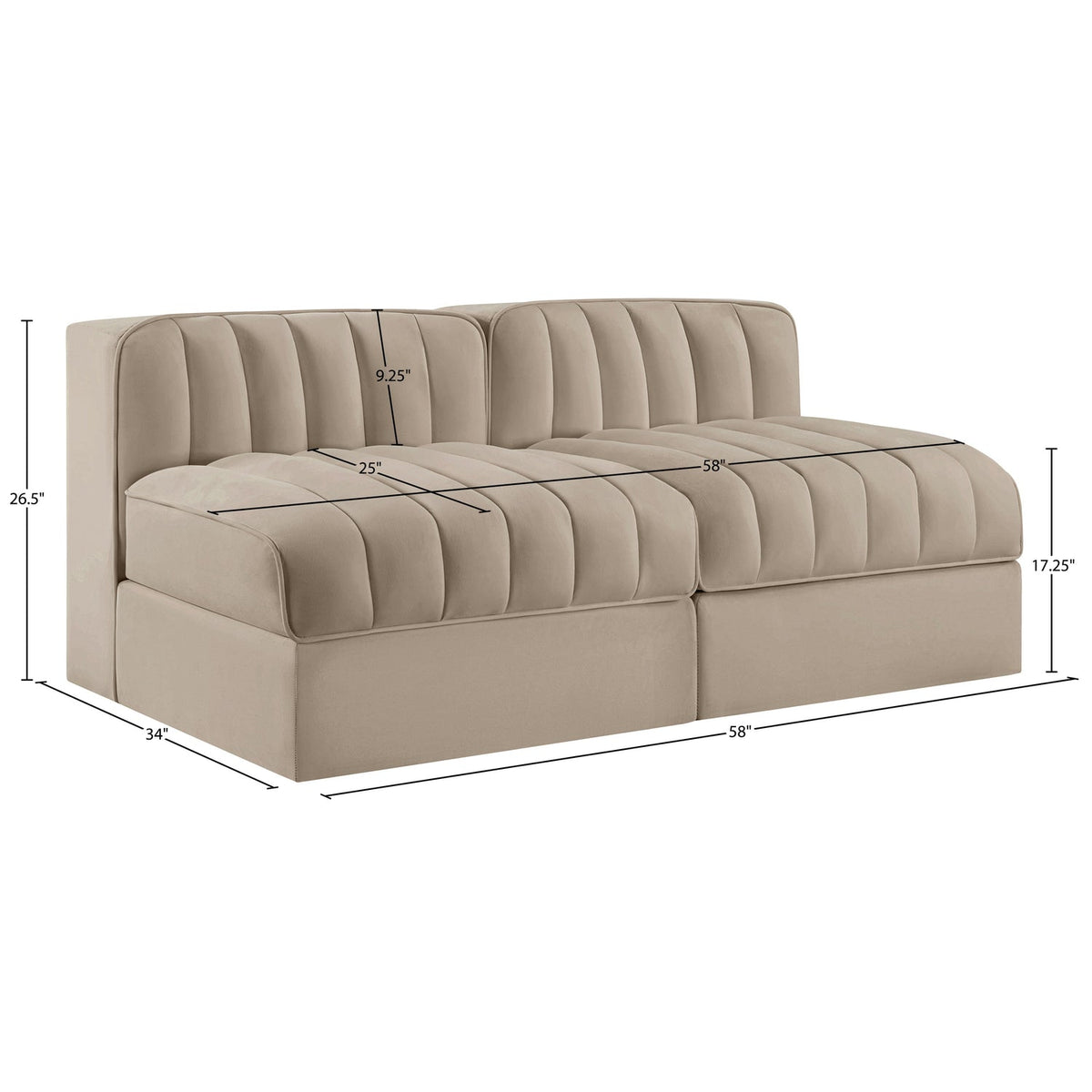 Rummi Beige Velvet Performance Fabric Upholstered 2 Piece Modular Loveseat
