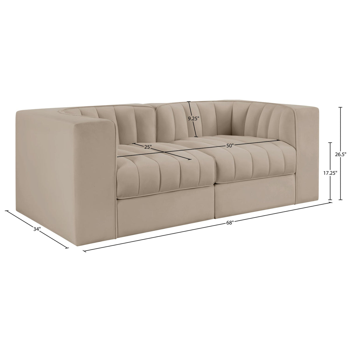 Rummi Beige Velvet Performance Fabric Upholstered 2Piece. Modular Loveseat