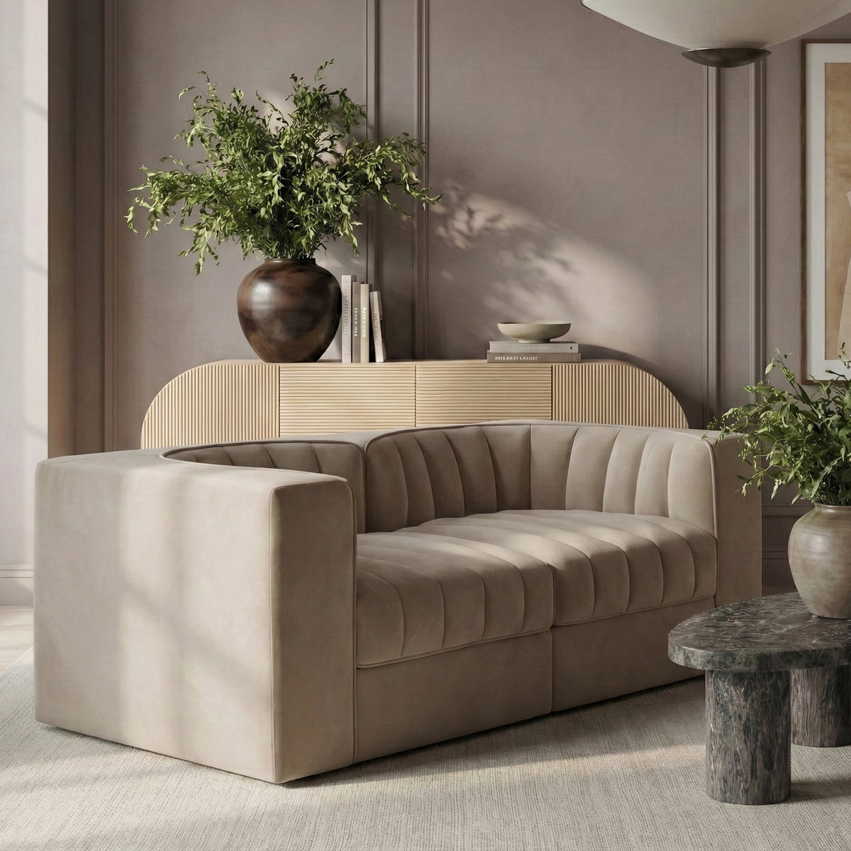 Rummi Beige Velvet Performance Fabric Upholstered 2 Piece Modular Loveseat