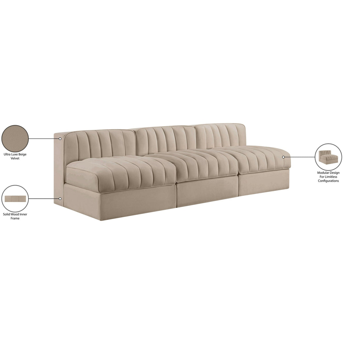 Rummi Beige Velvet Performance Fabric Upholstered 3 Piece Modular Sofa