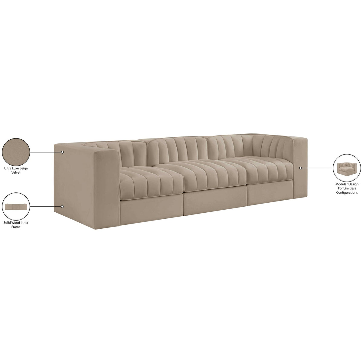 Rummi Beige Velvet Performance Fabric Upholstered 3 Piece Modular Sofa