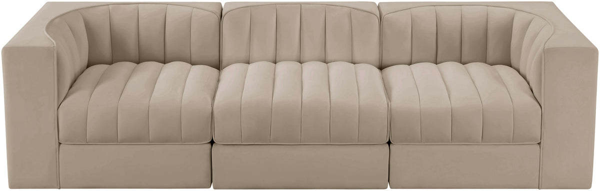 Rummi Beige Velvet Performance Fabric Upholstered 3 Piece Modular Sofa