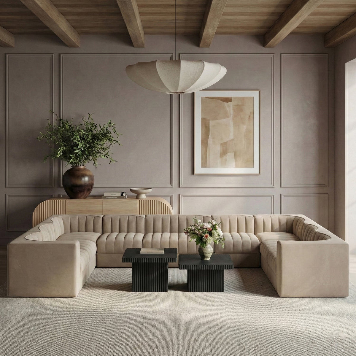 Rummi Beige Velvet Performance Fabric Upholstered 10 Piece Modular Sectional Sofa