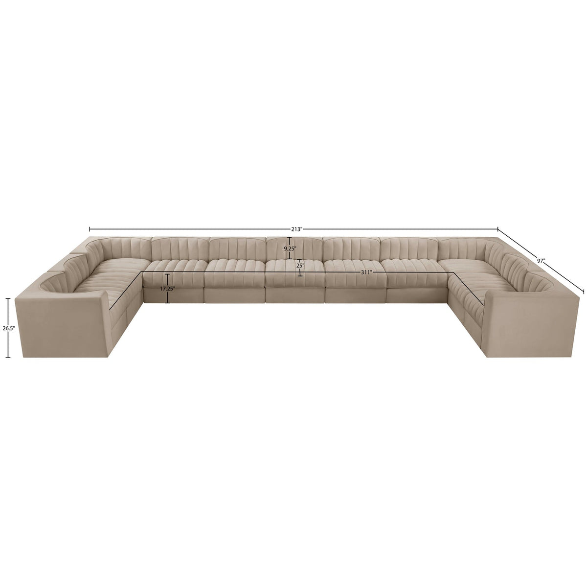 Rummi Beige Velvet Performance Fabric Upholstered 11 Piece Modular Sectional Sofa