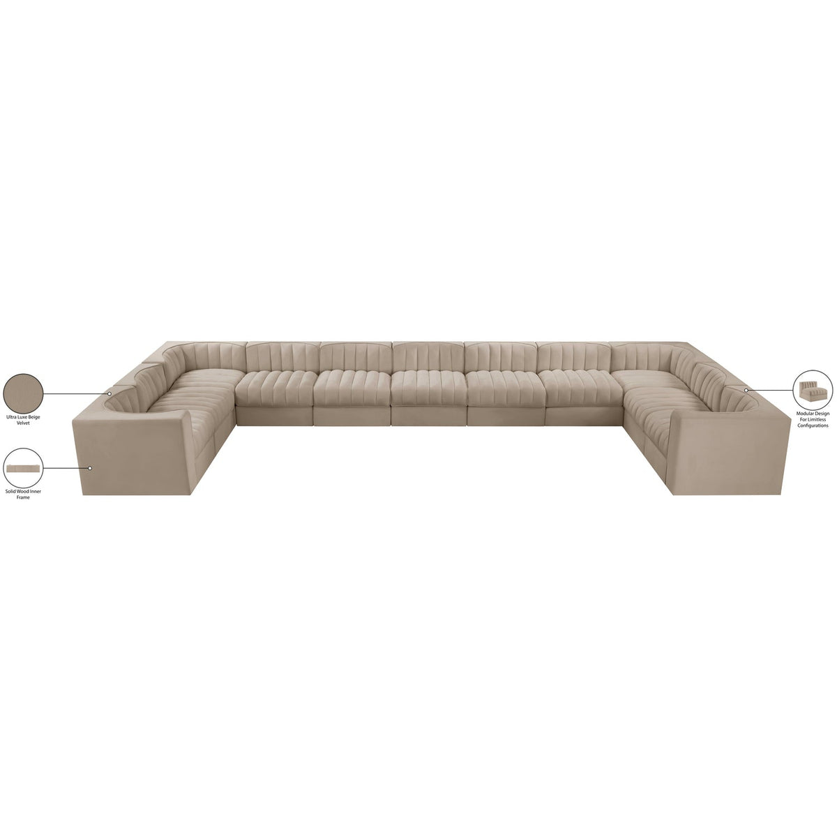 Rummi Beige Velvet Performance Fabric Upholstered 11 Piece Modular Sectional Sofa