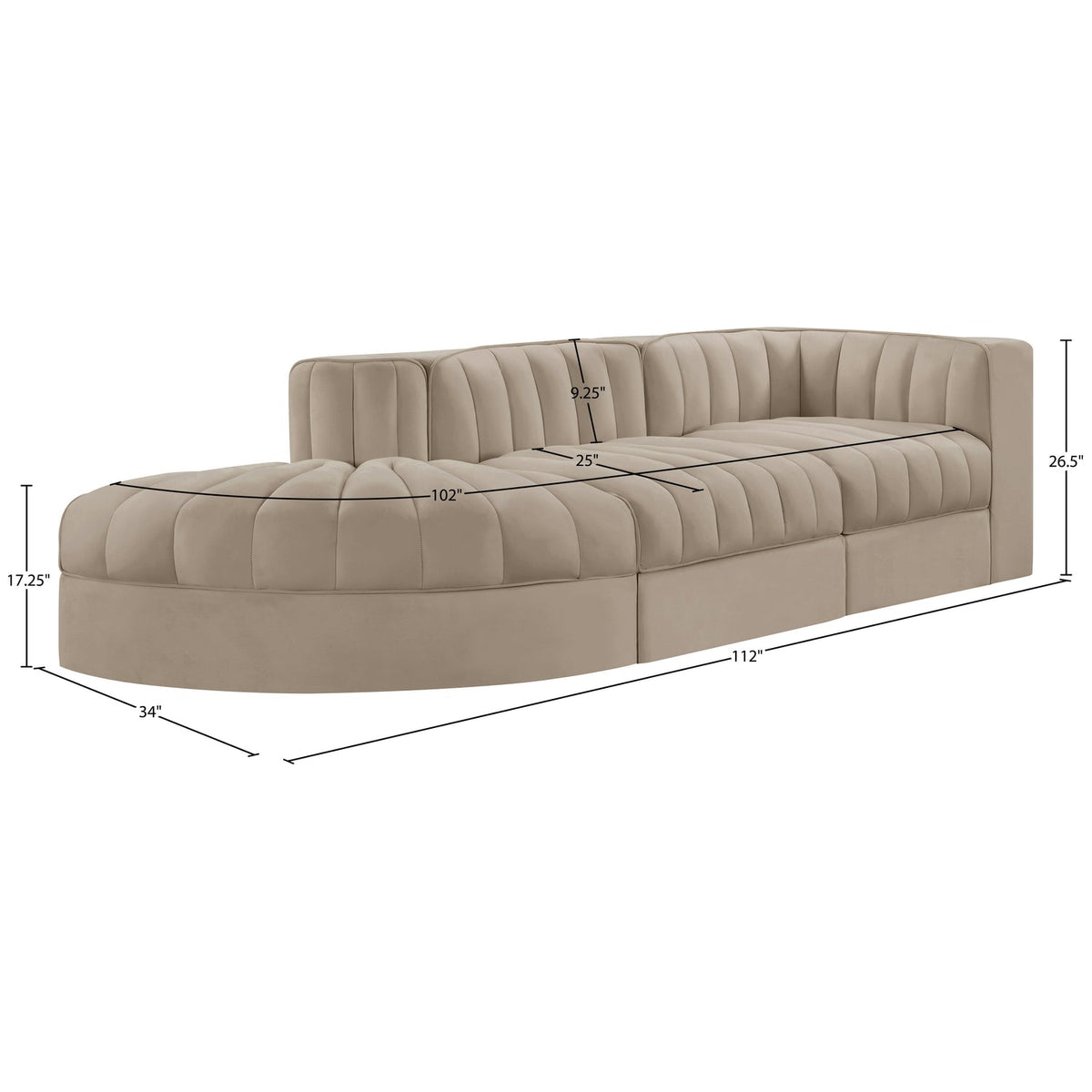 Rummi Beige Velvet Performance Fabric Upholstered 3 Piece Modular Sectional Sofa