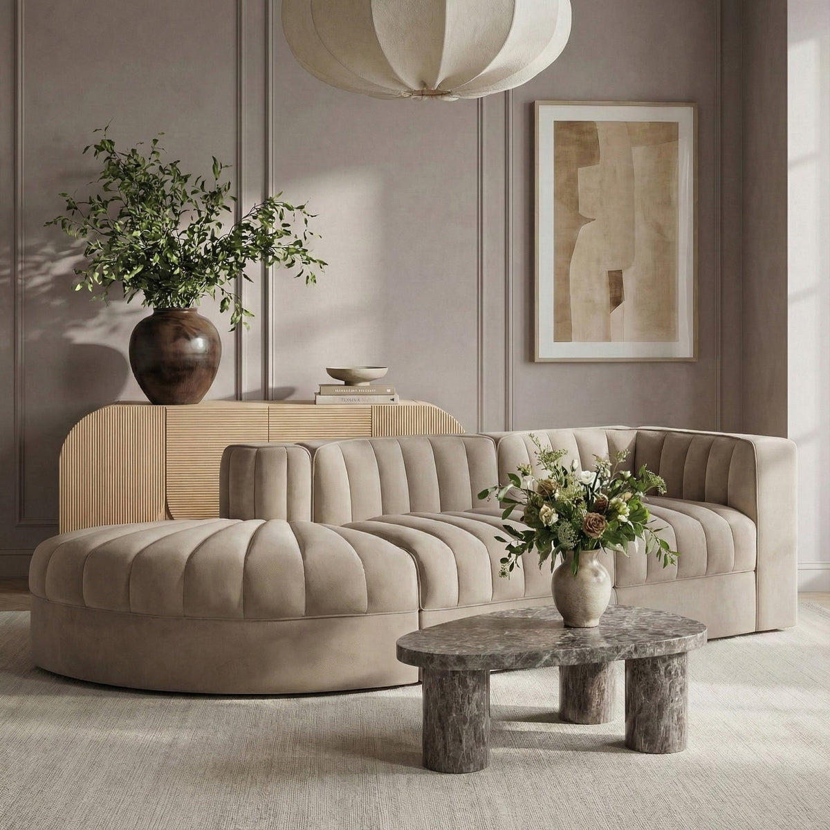 Rummi Beige Velvet Performance Fabric Upholstered 3 Piece Modular Sectional Sofa