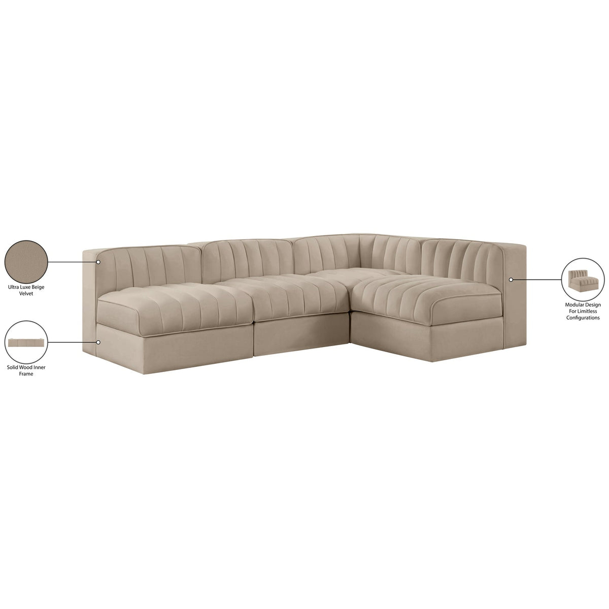 Rummi Beige Velvet Performance Fabric Upholstered 4 Piece Modular Sectional Sofa