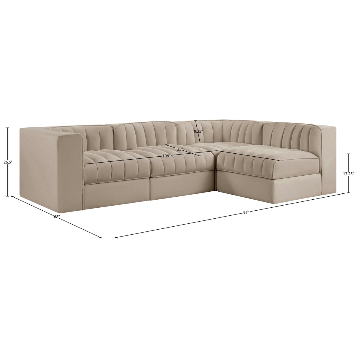 Rummi Beige Velvet Performance Fabric Upholstered 4 Piece Modular Sectional Sofa