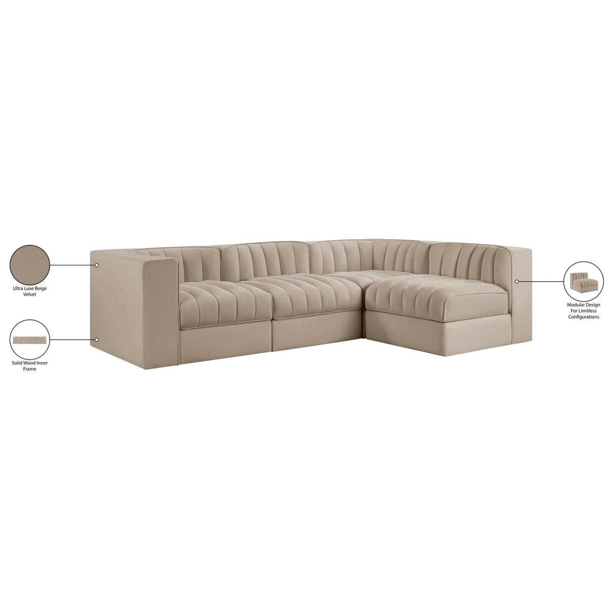 Rummi Beige Velvet Performance Fabric Upholstered 4 Piece Modular Sectional Sofa