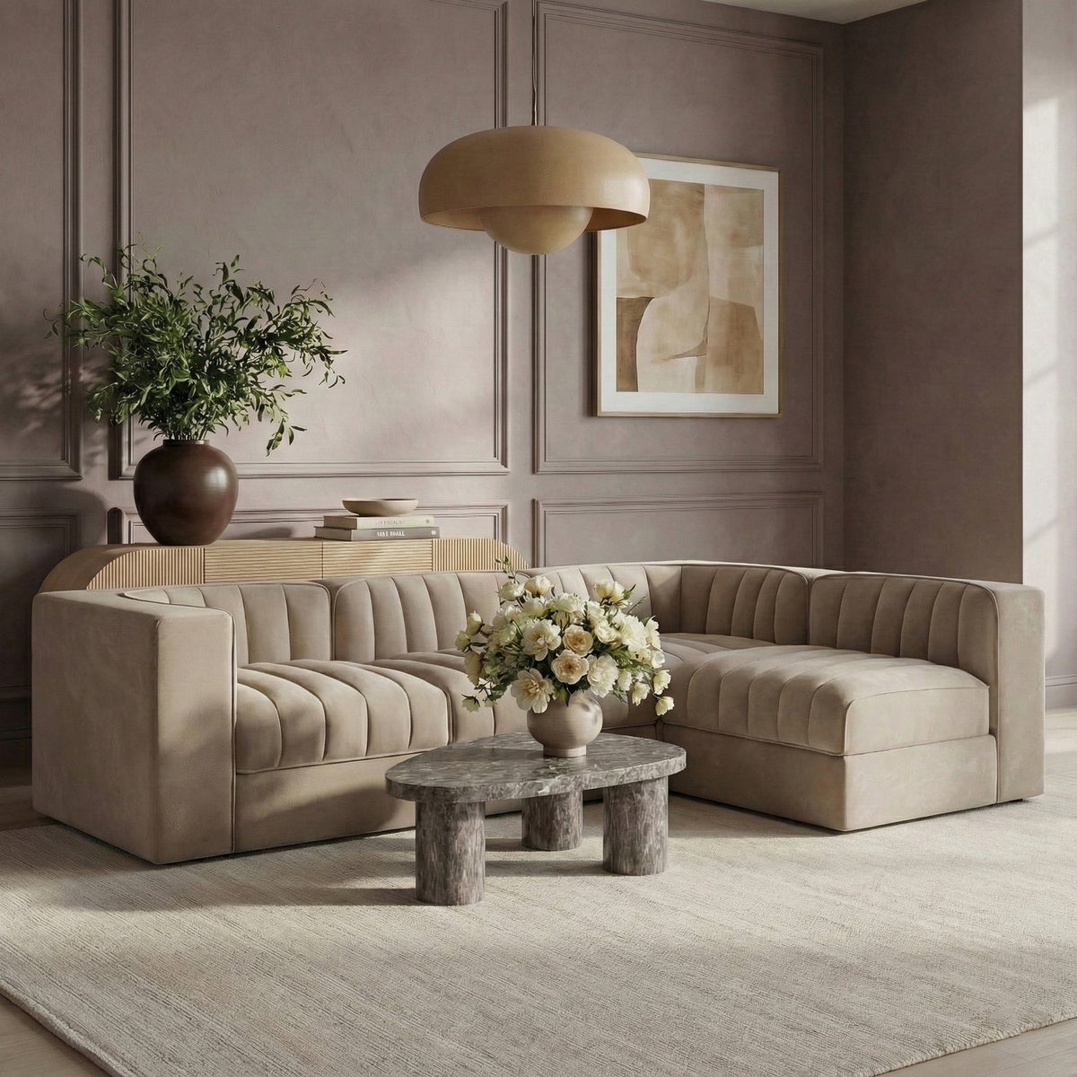 Rummi Beige Velvet Performance Fabric Upholstered 4 Piece Modular Sectional Sofa