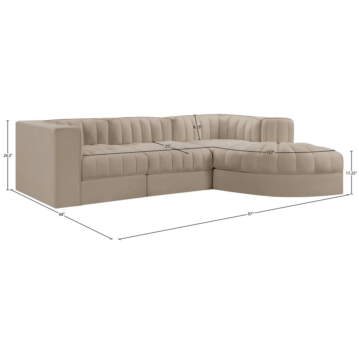 Rummi Beige Velvet Performance Fabric Upholstered 4 Piece Modular Sectional Sofa