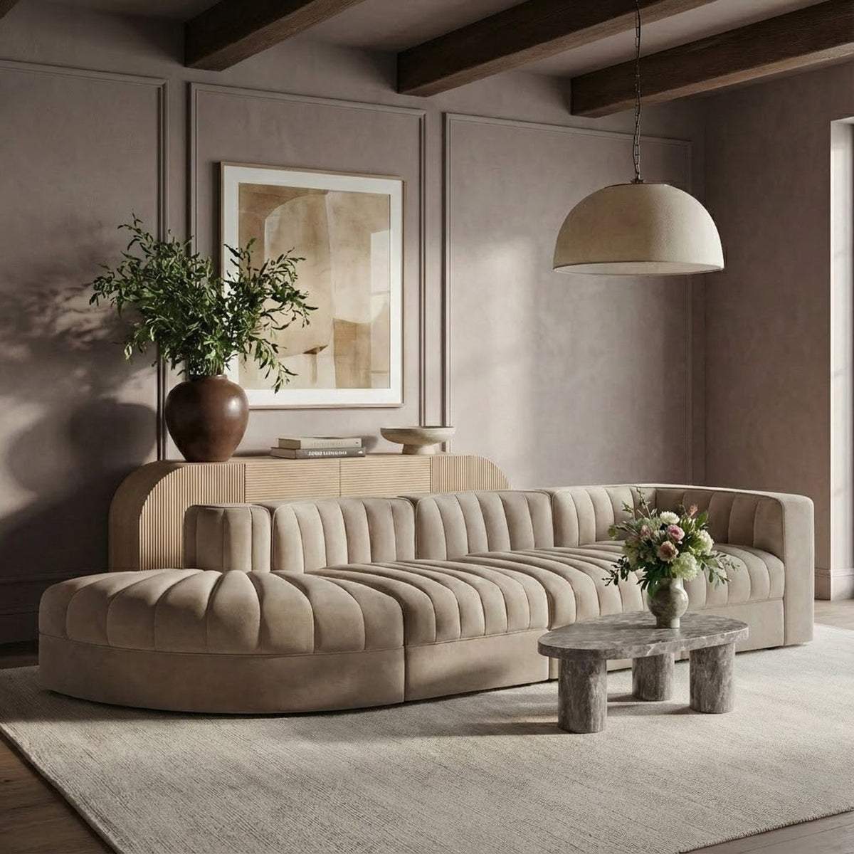 Rummi Beige Velvet Performance Fabric Upholstered 4 Piece Modular Sectional Sofa
