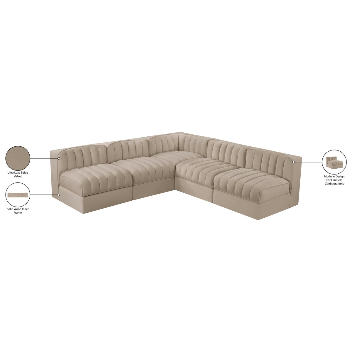 Rummi Beige Velvet Performance Fabric Upholstered 5 Piece Modular Sectional Sofa