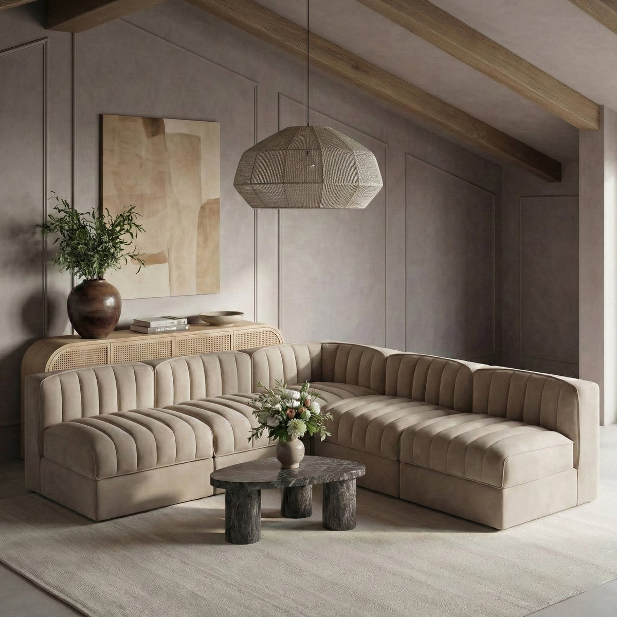 Rummi Beige Velvet Performance Fabric Upholstered 5 Piece Modular Sectional Sofa