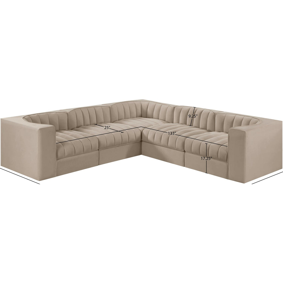 Rummi Beige Velvet Performance Fabric Upholstered 5 Piece Modular Sectional Sofa
