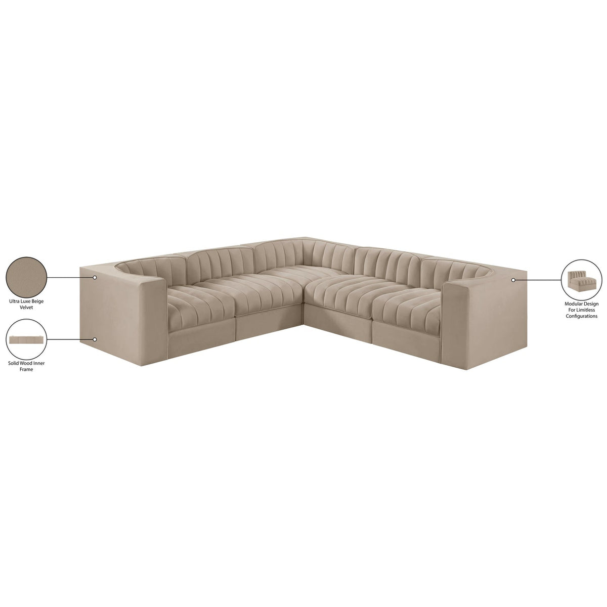 Rummi Beige Velvet Performance Fabric Upholstered 5 Piece Modular Sectional Sofa