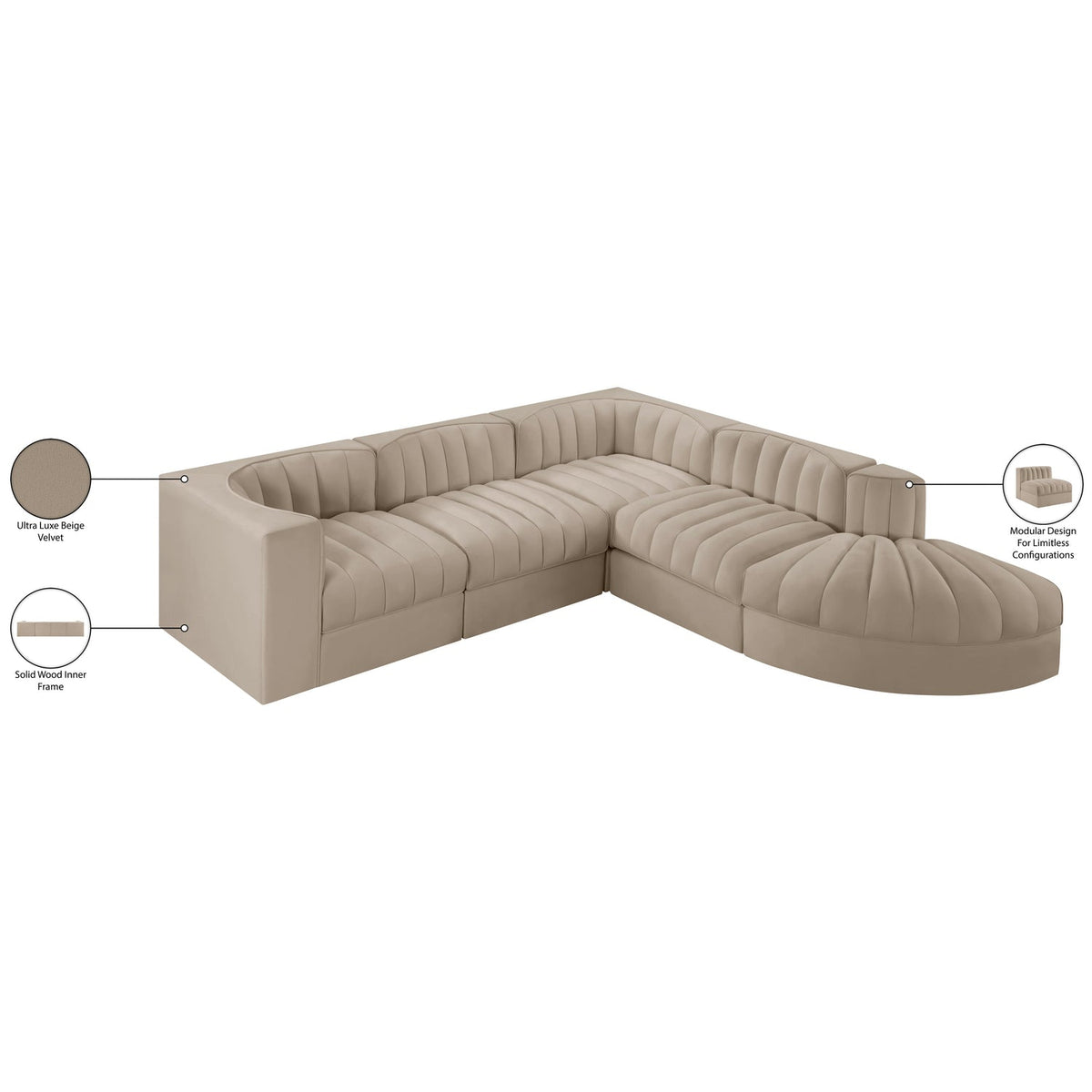 Rummi Beige Velvet Performance Fabric Upholstered 5 Piece Modular Sectional Sofa