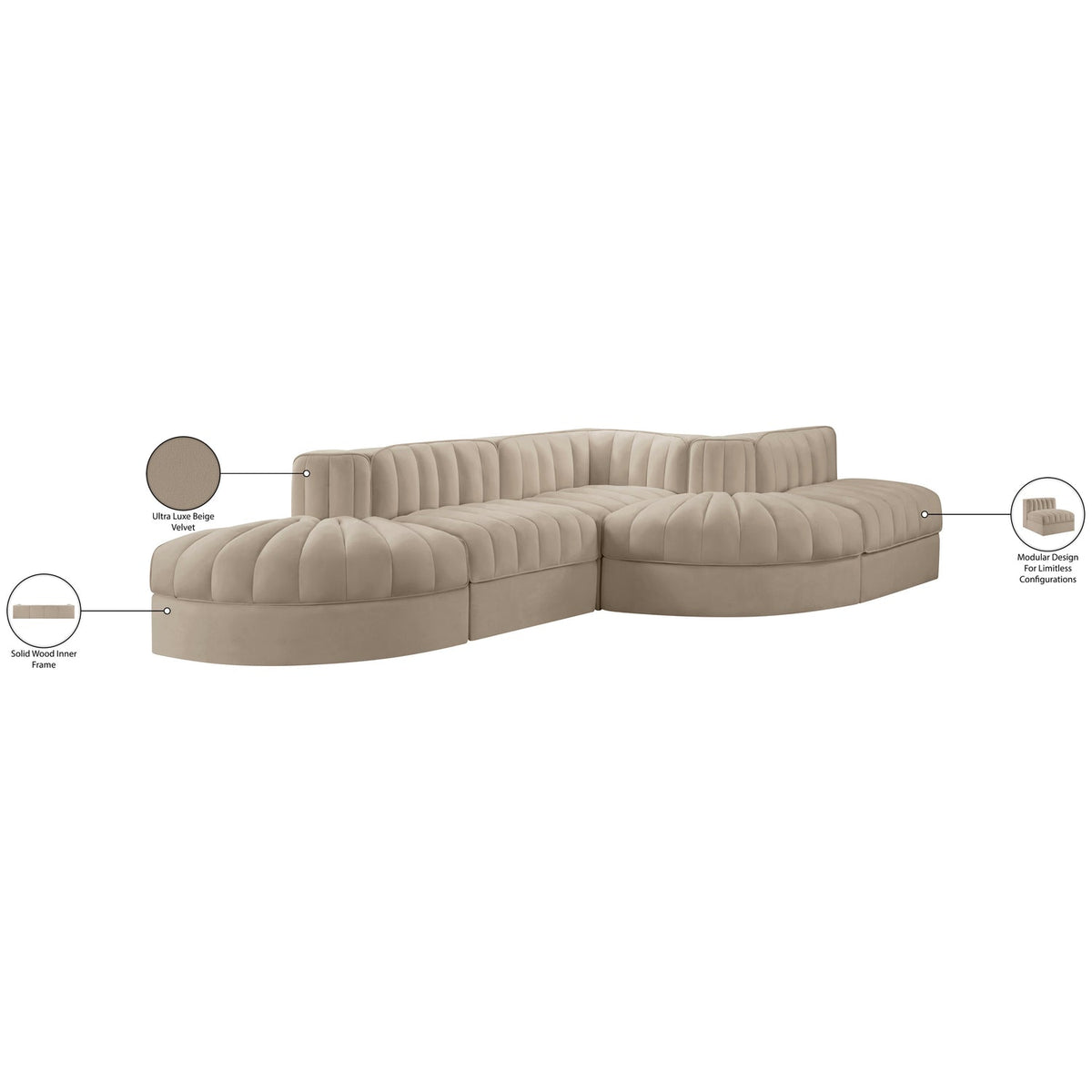 Rummi Beige Velvet Performance Fabric Upholstered 5 Piece Modular Sectional Sofa