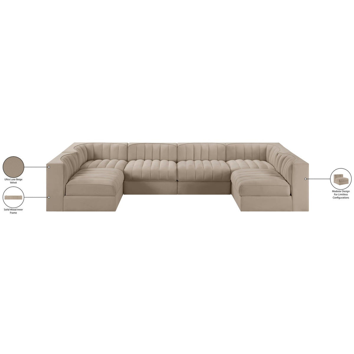 Rummi Beige Velvet Performance Fabric Upholstered 6 Piece Modular Sectional Sofa