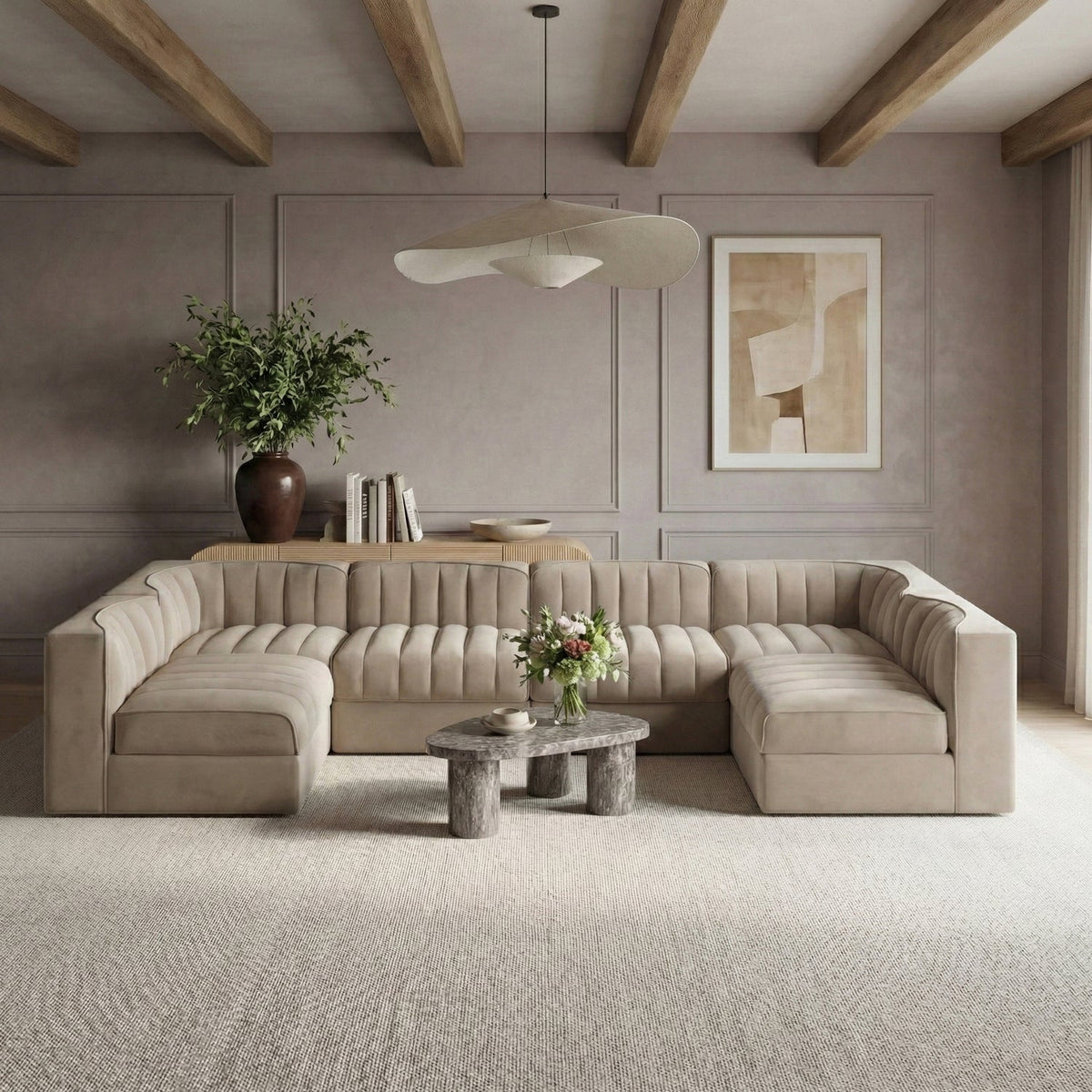 Rummi Beige Velvet Performance Fabric Upholstered 6 Piece Modular Sectional Sofa