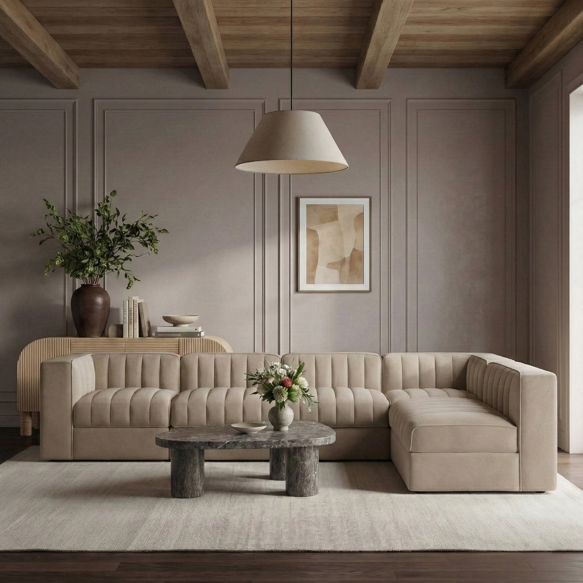 Rummi Beige Velvet Performance Fabric Upholstered 6 Piece Modular Sectional Sofa