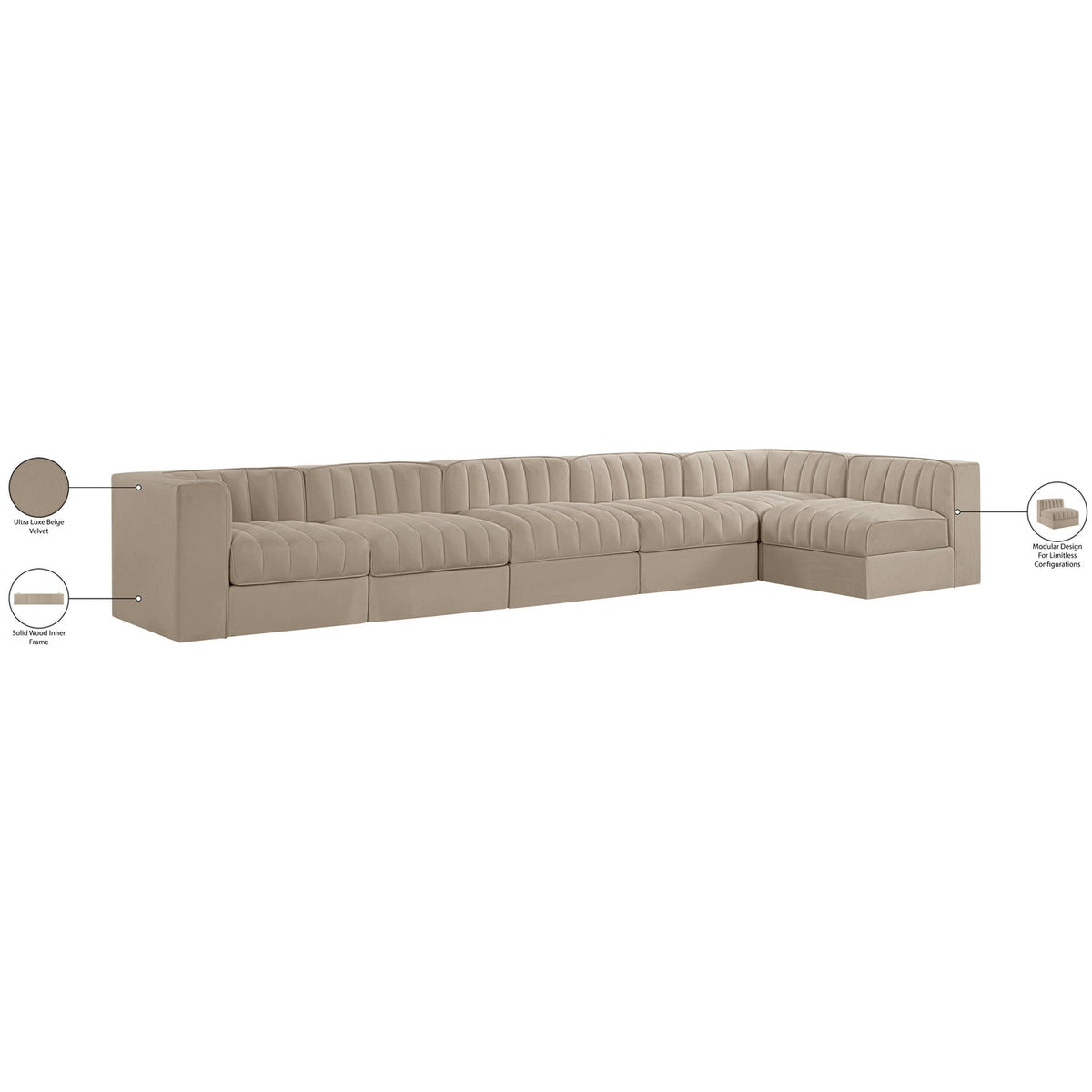 Rummi Beige Velvet Performance Fabric Upholstered 6 Piece Modular Sectional Sofa