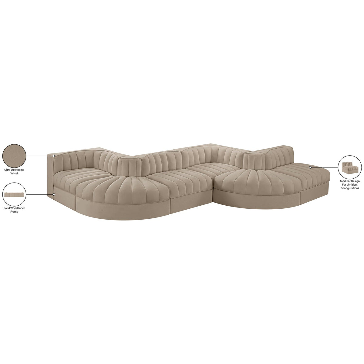 Rummi Beige Velvet Performance Fabric Upholstered 6 Piece Modular Sectional Sofa